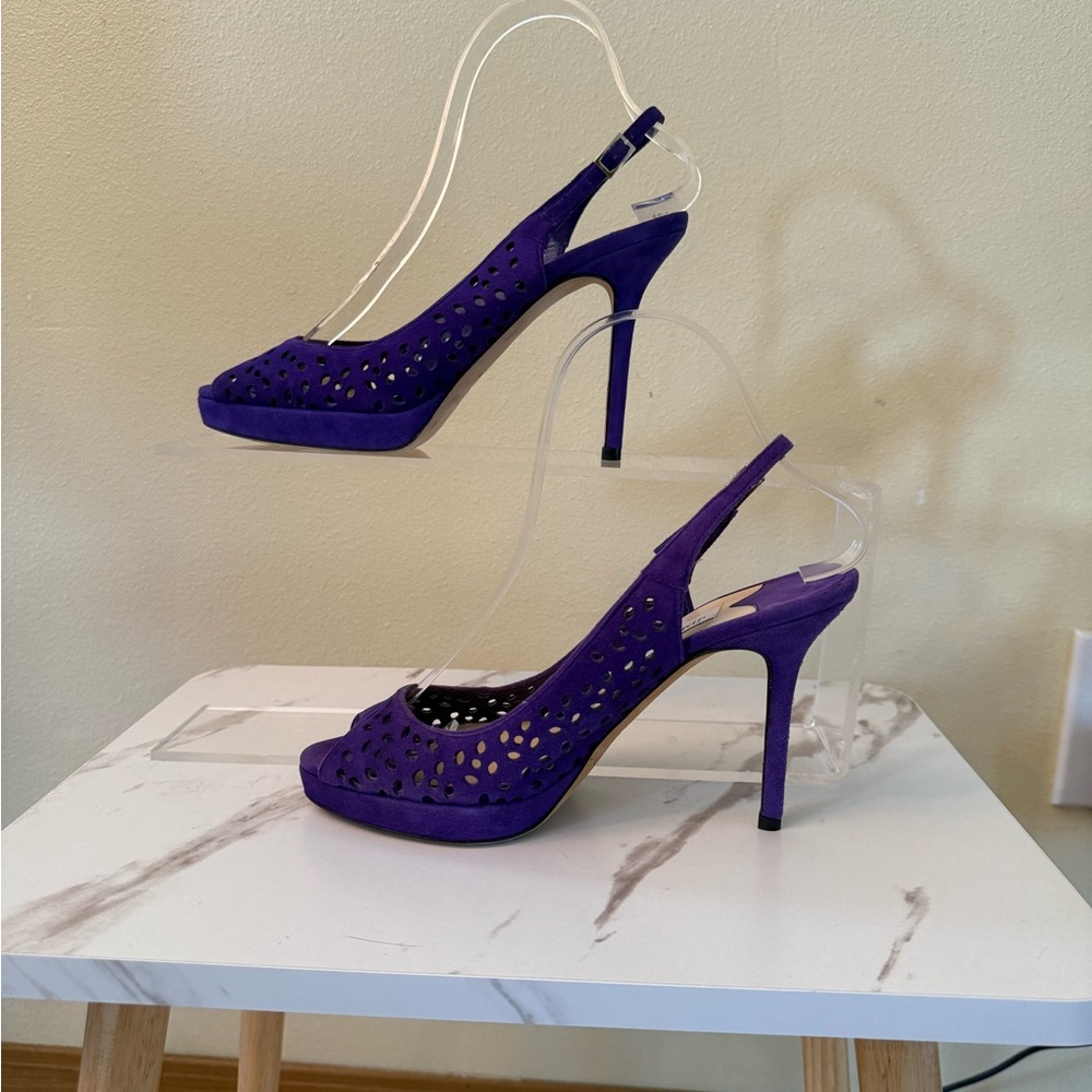 Jimmy Choo Nova Purple Suede Lazer Cut Heels, Size 37 (7 US,) EUC - Picture 2 of 10